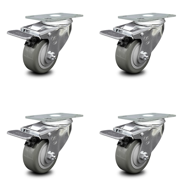 3 Inch Gray Polyurethane Swivel Top Plate Caster Set with Total Lock Brake SCC